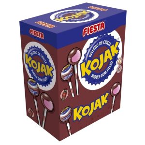 Caramelo con Palo Kojak Fiesta Sabor Cola con Relleno de Chicle (Caja de 100 unidades)