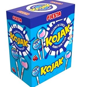 Caramelo con Palo Kojak Fiesta Pinta Lenguas Azul Relleno de Chicle (Caja de 100 unidades)