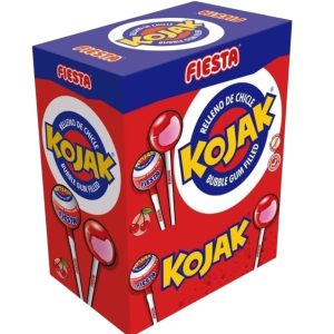 Caramelo con Palo Kojak Fiesta Sabor Cereza con Relleno de Chicle (Caja de 100 unidades)